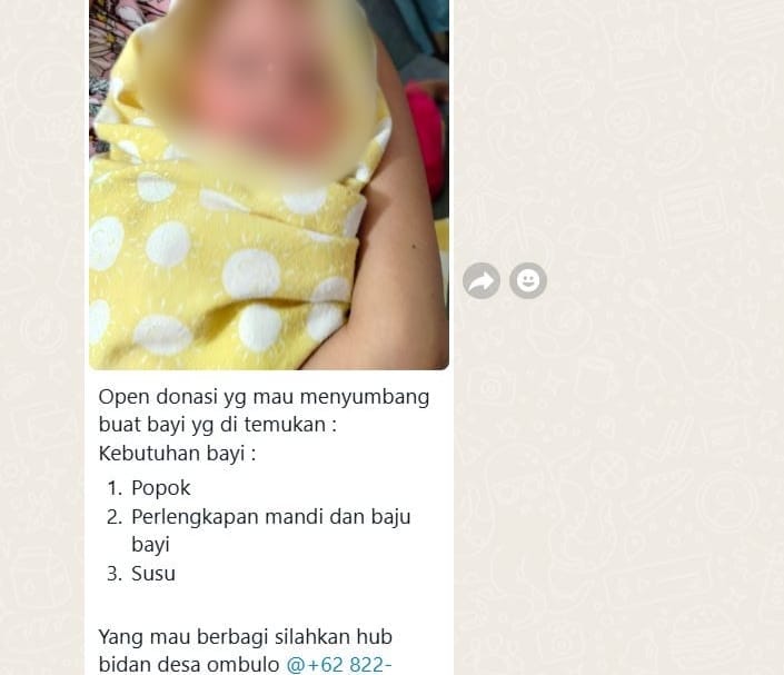 Tangkapan Layar/Chat grup WhatsApp (WAG) yang berisi ajakan untuk berdonasi kepada seorang bayi yang ditemukan warga