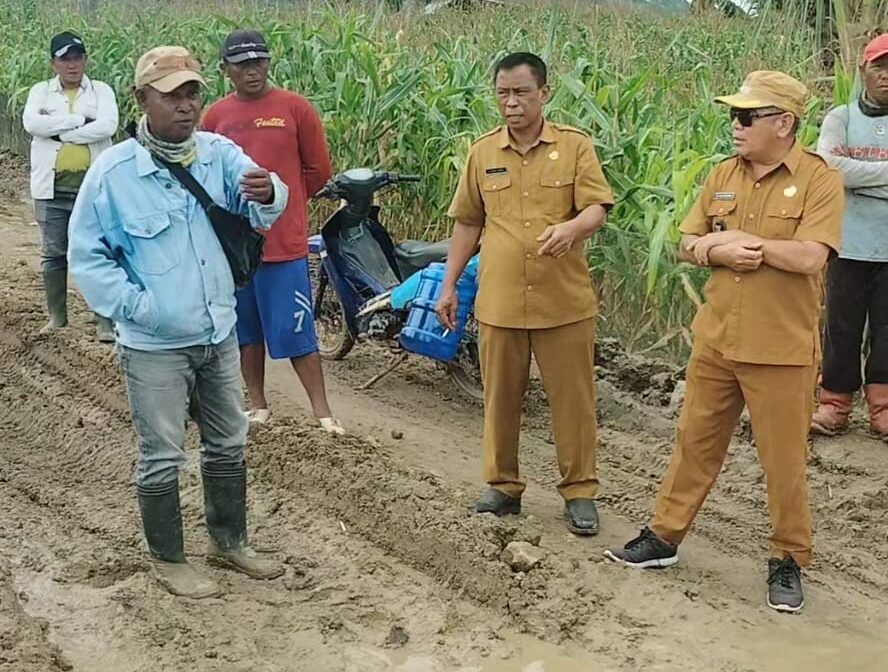 Pemerintah setempat melakukan peninjauan lokasi jalan desa di Kecamatan Tolangohula, foto/Ist
