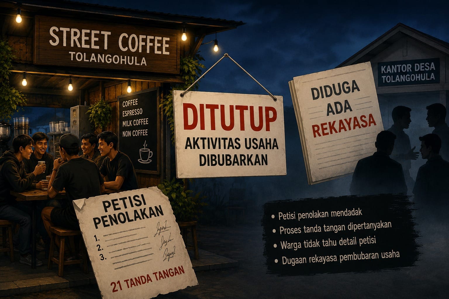 Ilustrasi UMKM Street Coffe di Tolangoula dibubarkan, sumber: AI